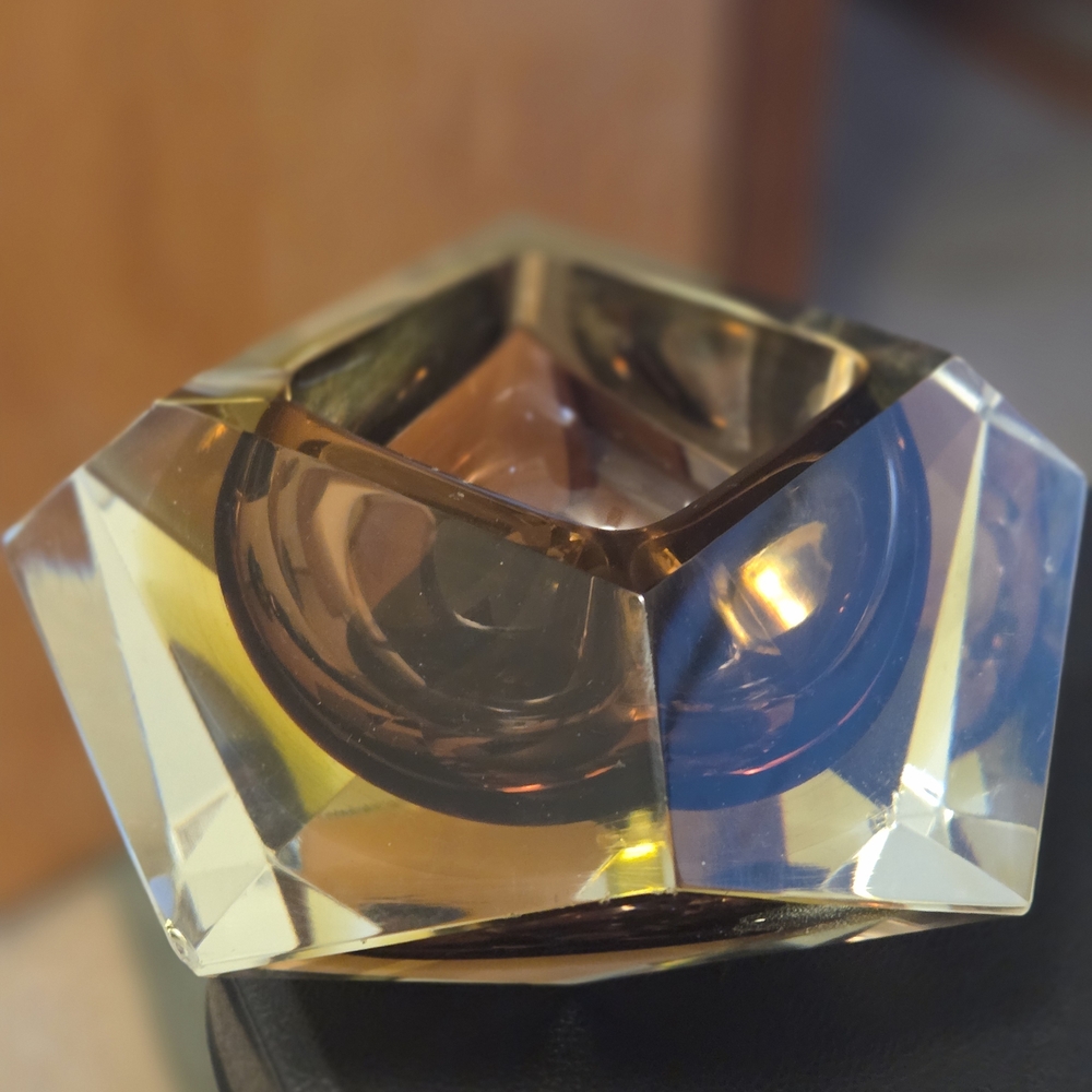 Vintage Murano Bowl Ashtray Mid Century Modern Faceted Clear & Brown Art Glass